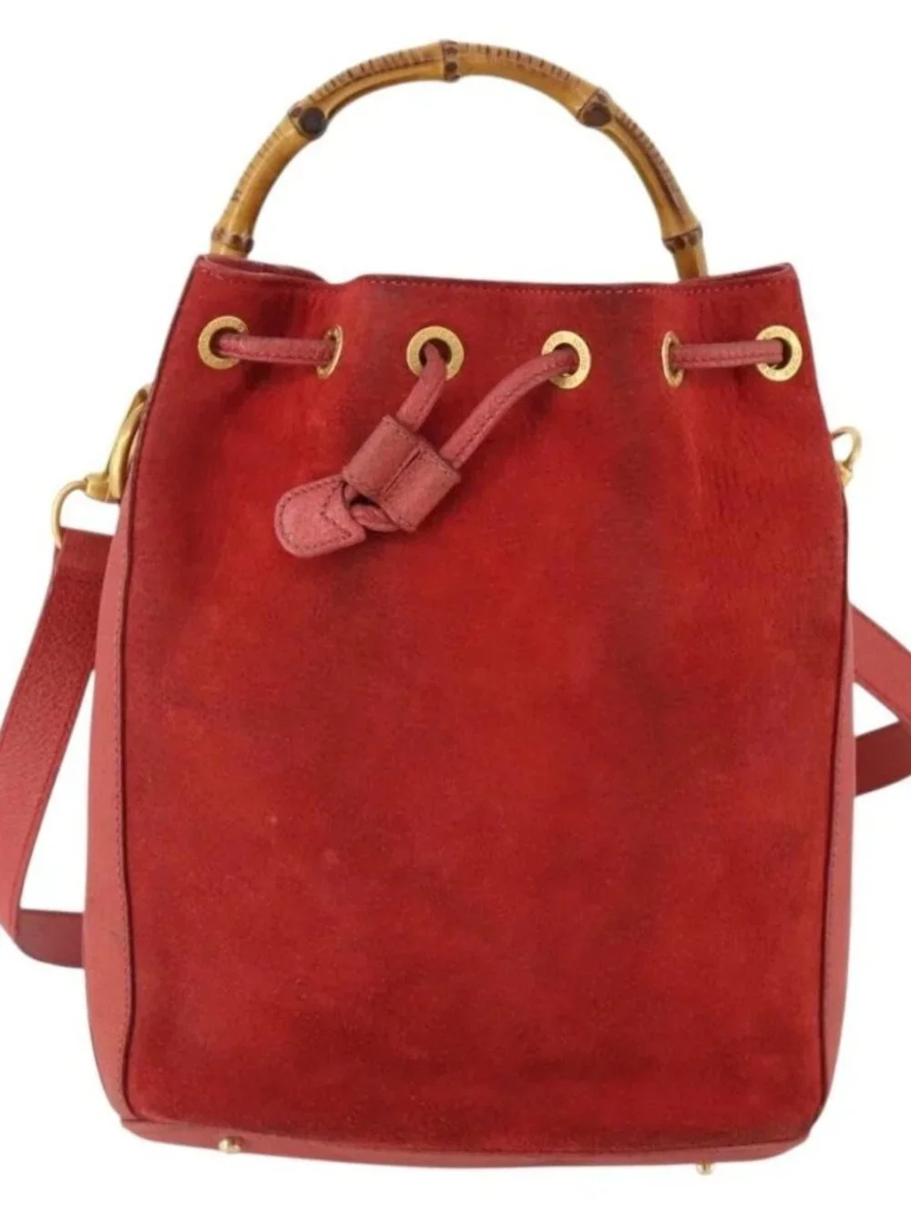 GUCCI Bamboo Shoulder Bag Suede 2way Red Gold 001 2865 1657 Auth INZ038
